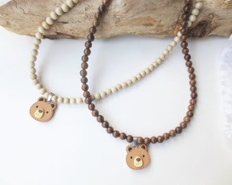 1 children's necklace, wooden beads, choice of color: brown/beige, elastic, personalized name necklace, customizable, necklace for boys, approx. 42 cm