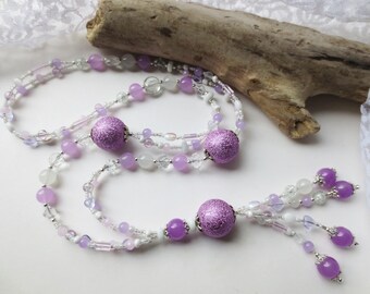 Long chain, Y-chain, necklace, double-row chain, purple, pink, white, silver-coloured, lilac, glass beads, spring, unique, 52 cm, unique