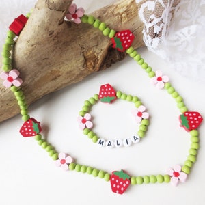 Jewelry set: children's necklace plus bracelet, wooden beads, strawberries, flowers, red, pink, green, pistachio green, elastic, customizable