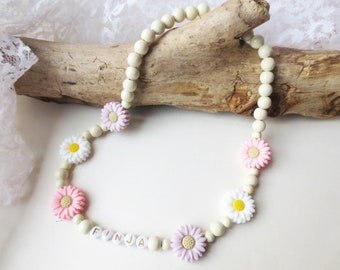 Spring necklace, communion necklace for children, wooden beads, silicone flowers, elastic, 42 cm, customizable, silicone flowers