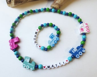 Jewelry set, necklace plus bracelet for boys, wooden beads, colorful locomotives, train, elastic, name chain, desired name, approx. 42 cm