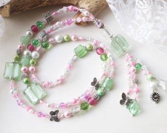 Long chain, Y chain, necklace, double row chain, green, pink, white, silver, silver foil, glass beads, spring, unique, 57 cm,