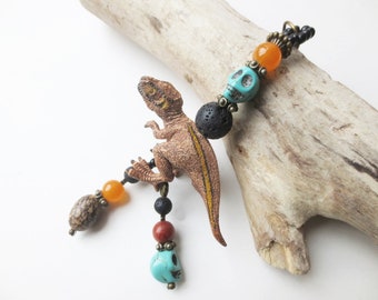 Bag pendant, backpack pendant, dino, dinosaur, dinosaur, unique, gift idea for boys, lucky charm, wooden beads, lava, skull