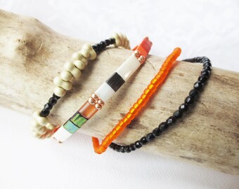 4x Armband, Armbänder Set, orange, schwarz, beige, Glasperlen, Tila Beads, Farfalle, Miyuki, böhmische Glasschliffperlen, elastisch, Unikat