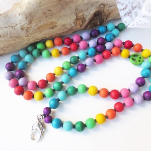 Long chain key chain, wooden beads, knotted, rainbow, colorful, peace, peace, statement, handmade, gift idea, approx. 53 cm