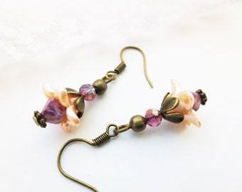 Ohrhänger, Blume, Blüte, vintage, apricot, lila, bronze, romantisch, Antik- Style, Lucite, Blüten, Blumen