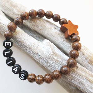 Bracelet for boys, boys, wooden beads, star, shades of brown, brown, elastic, customizable, desired length