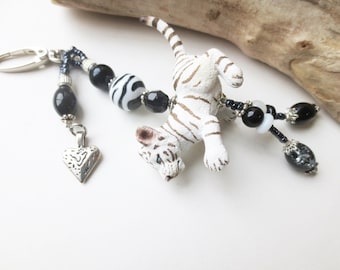 Bag pendant, pendant, tiger, lucky charm, glass beads, black, white, gift idea, school enrollment, customizable