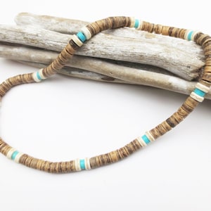 Necklace, surfer necklace, boys or men, wooden beads, wood, stone, brown tones, brown, turquoise, elastic, customizable, approx. 43 cm