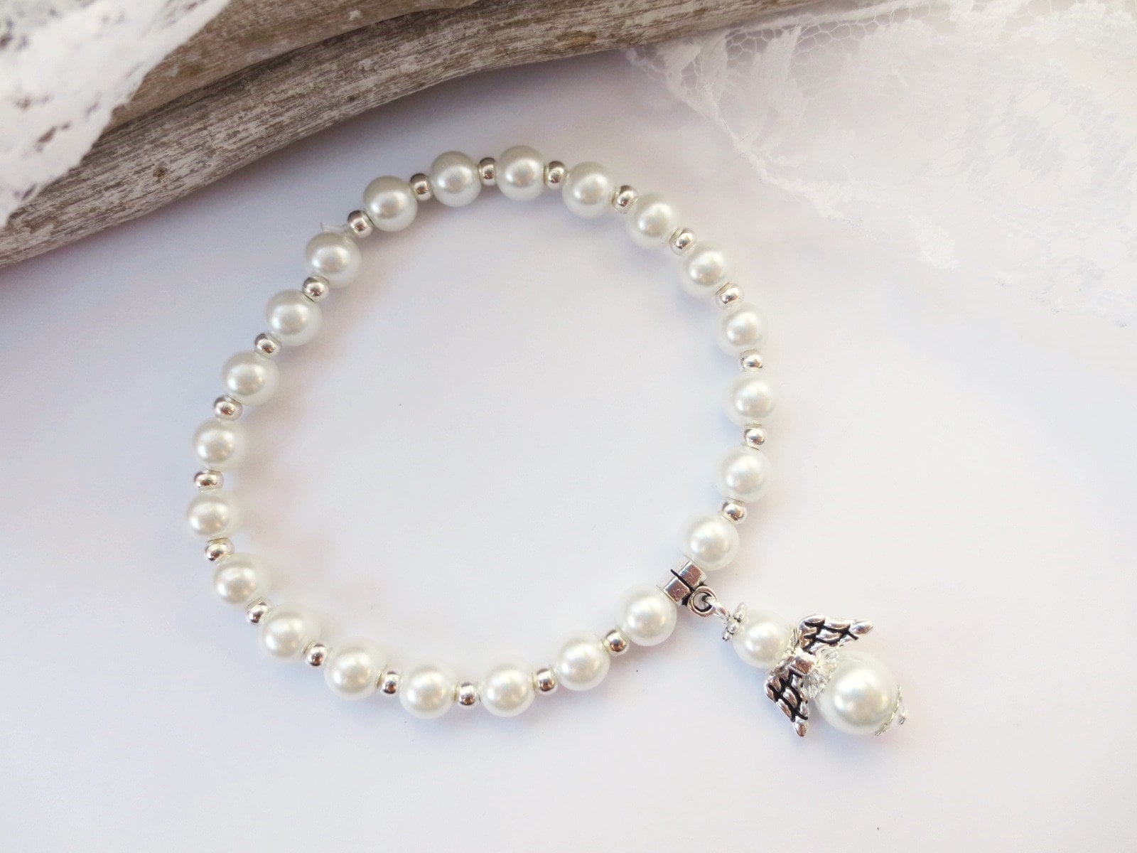 Bracciale Con Angelo Custode Per Ragazze - Regalo Di Prima Comunione Con Perlina E Sacchetto In Velluto