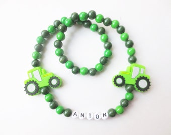 Necklace for children, boys, children's necklace made of wooden beads, silicone, tractor, bulldog, elastic, green, name necklace, desired name, customizable