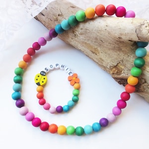 Colorful jewelry set, necklace plus bracelet for children, matt large and small wooden beads, rainbow, learn colors, desired name, ladybug
