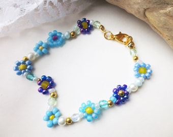 Daisy bracelet, glass beads, glass, lucky charm, cheerful, shades of blue, individual, hippie, summer, daisy, 19 cm