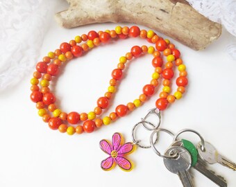 Lanyard, key chain, key strap, ID holder, wooden beads, orange, yellow, flower, handmade, gift idea, unique, approx. 44 cm + 8 cm