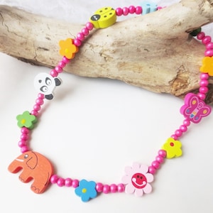 Kinderketting van houten kralen, olifant, bloemen, bloesems, lieveheersbeestje, panda, elastisch, roze, kleurrijk, houten kralenketting, ketting voor kinderen