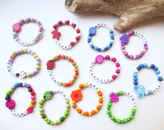 1 piece colorful children's bracelet, with name, name bracelet, wooden beads, motif, desired name, personalizable, ladybug