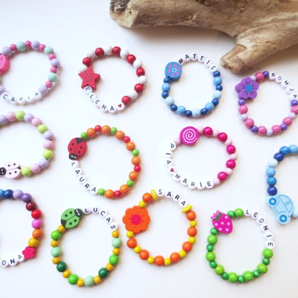 1 pieza de pulsera infantil colorida, con nombre, pulsera con nombre, cuentas de madera, motivo, nombre deseado, personalizable, mariquita