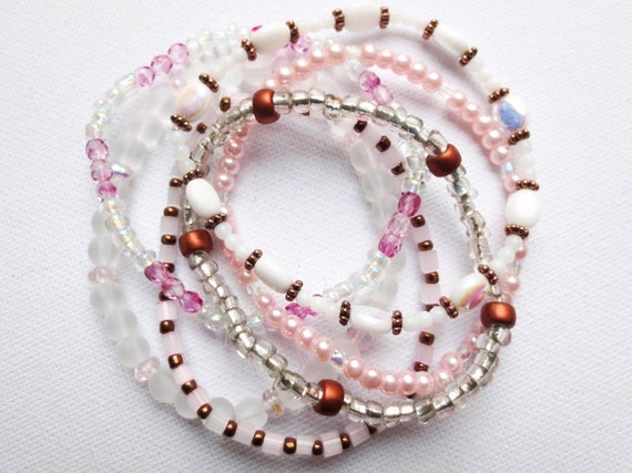 8 Bracelets Perles En Alliage - Blanc & Rose - Style Empilable & Personnalisable Pour Femme