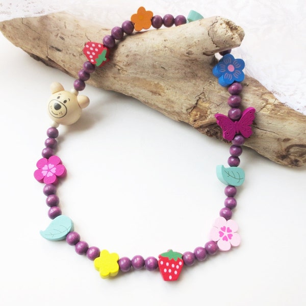 Children's necklace made of wooden beads, large bear, blossoms, flowers, leaves, colorful, purple, approx. 45 cm, customizable, with or without name