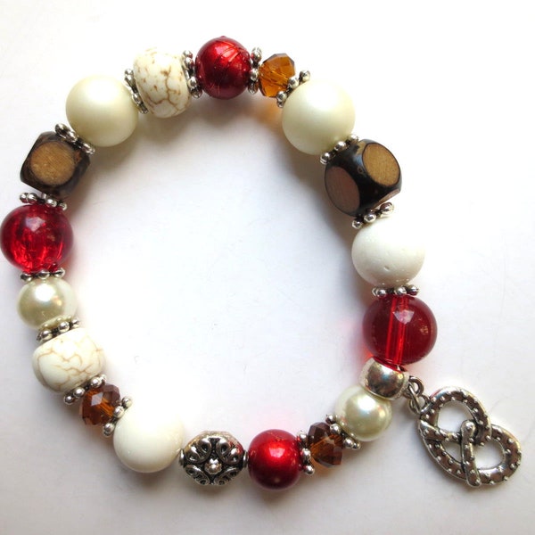 Armband, Armschmuck, rot, cremeweiß, Brezel