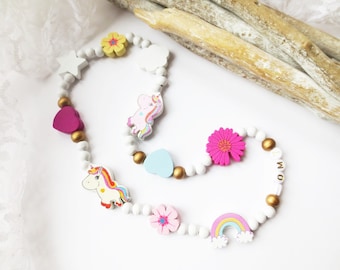 Necklace for children, children's necklace wooden beads, unicorn, flowers, clouds, elastic, white, pastel, gold, name necklace, desired name, customizable