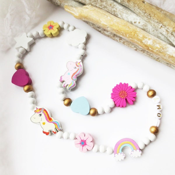 Kette für Kinder, Kinderkette Holzperlen, Einhorn, Blumen, Wolken, elastisch, weiß, pastell, gold, Namenskette, Wunschname, personalisierbar