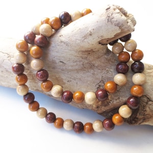 May include: A wooden bead necklace with brown, beige, and reddish-brown beads. The necklace is draped over a piece of driftwood.