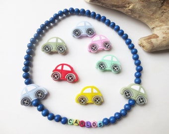 Necklace for children, boys, children's necklace made of wooden beads, silicone beads, cars, desired name, desired color