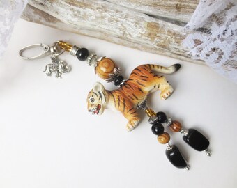 Bag charm, pendant, tiger, lucky charm, wooden beads, glass beads, onyx, black, brown, gift idea for boys, back to school, unique item