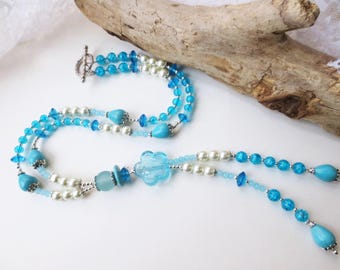 Y-necklace, necklace, long necklace, glass beads, stone beads, unique piece, gift idea, spring/summer, 52 cm, white, turquoise