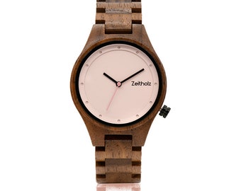 Damen Holzarmbanduhr Stolpen 36mm rosa Walnuss natürlich handmade versandkostenfrei antiallergen nickelfrei - besondere Geschenkidee