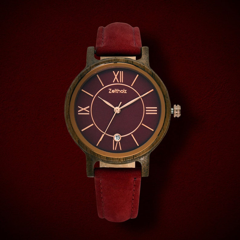 Reloj de pulsera de madera para mujer Rosenbach nogal rubí hecho a mano de forma natural, envío gratuito, antialérgico, sin níquel, idea de regalo especial imagen 7