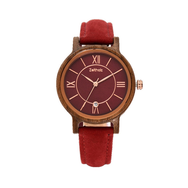 Reloj de pulsera de madera para mujer Rosenbach nogal rubí hecho a mano de forma natural, envío gratuito, antialérgico, sin níquel, idea de regalo especial imagen 1