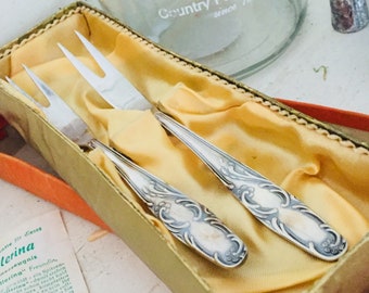 Shabby*2 old meat forks serving cutlery patina*French cutlery