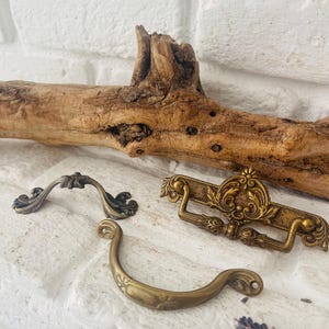 Könnte beinhalten: Eine Auswahl an antiken Messing-Schubladengriffen und -griffen. Die Beschläge weisen verzierte Designs und eine warme, gealterte Patina auf. Die Kollektion umfasst verschiedene Formen und Größen, ideal für die Möbelrestaurierung.