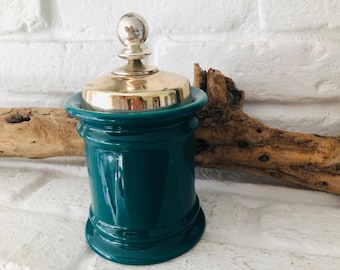 Scandinavian *sweet storage jar, ceramic, green, silver-plated, cork