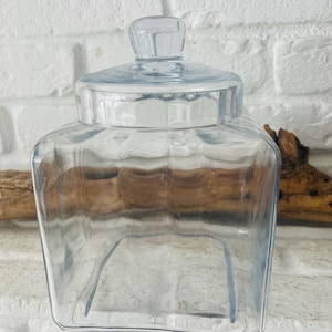Könnte beinhalten: Ein klarer, quadratischer Glasbehälter mit Deckel. Der Behälter hat eine dekorative Form und einen Knopf auf dem Deckel. Der Behälter ist leer und steht vor einer weißen Backsteinmauer und einem Stück Treibholz.