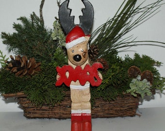 RENTIER, Christmas reindeer, wood reindeer with lettering XMAS, red