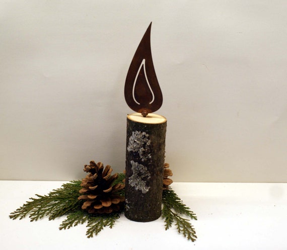 Holzkerze Mit Rostflamme Holzkerze Dekokerze Klein Etsy