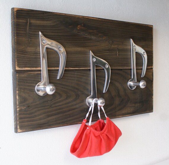 Hook Strip Made of Reclaimed Wood With 3 Hooks in Sheet Music