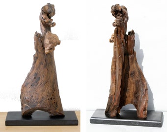 Sculpture bois sur socle noir, bois flotté, art bois, art bois flotté, décoration bois flotté.