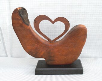 Decorative object, pear tree with heart made of metal, PATTERN, metal-wood combination, wood art, UNIQUE