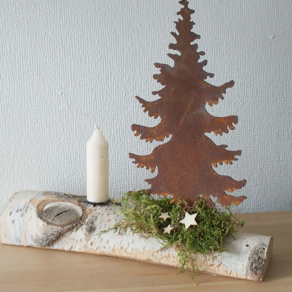 Birke mit Rostbaum und Kerzentülle, Kerzenständer, Winterwelt,