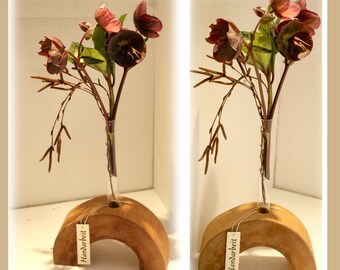 VASE, Tree disc vase, wood, beech with glass vase