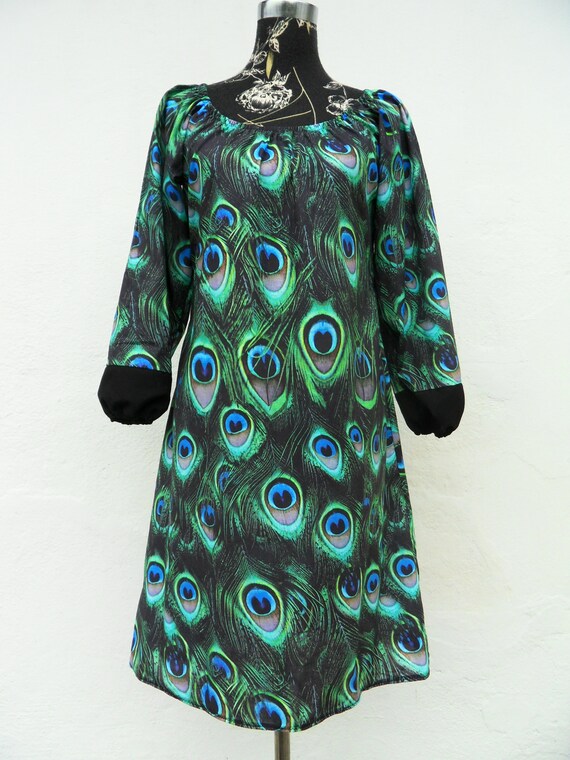 Long Sleeve Dress Peacock Feathers Print Green Blue Boot Dress Feathers -  Etsy