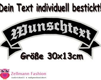 WUNSCHTEXT bestickt Schleife Text Aufnäher Top Rocker 30x13cm