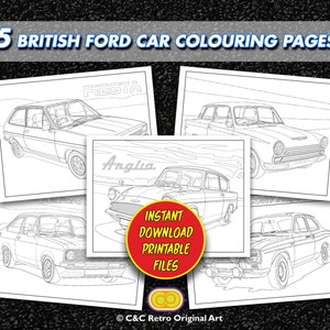5 British Ford car colouring pages | Instant download digital printable files plus reference | A4 and US Letter | PDF and Jpeg