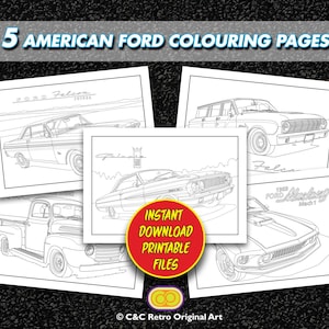 May include: Five American Ford colouring pages featuring classic car illustrations. Includes a Ford Falcon Futura, a Ford Falcon, a Ford pickup truck, a Ford Galaxie, and a 1969 Ford Mustang Mach 1. The text "Instant Download Printable Files" is also visible.