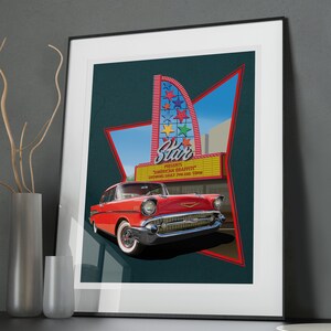 1957 Chevy and movie theatre A4 print