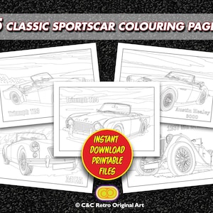 5 classic british sportscar colouring pages | Instant download digital printable files plus reference | A4 and US Letter | PDF and Jpeg